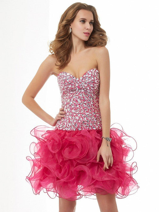 Sheath/Column Sweetheart Sleeveless Beading Short Organza Sanai Homecoming Dresses