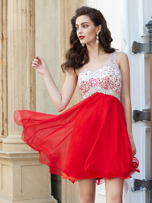 A-Line/Princess One-Shoulder Beading Lyric Homecoming Dresses Chiffon Sleeveless Short/Mini Dresses