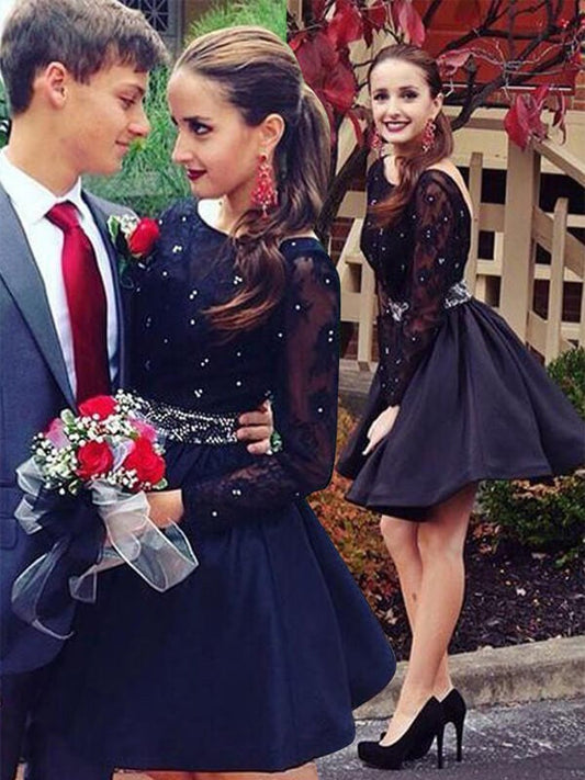 A-Line/Princess Scoop Long Homecoming Dresses Satin Alina Sleeves Short/Mini Beading Dresses