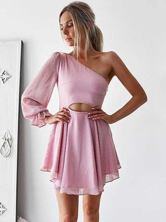 A-Line/Princess One-Shoulder Homecoming Dresses Valerie Chiffon Long Sleeves Ruffles Short/Mini Dresses