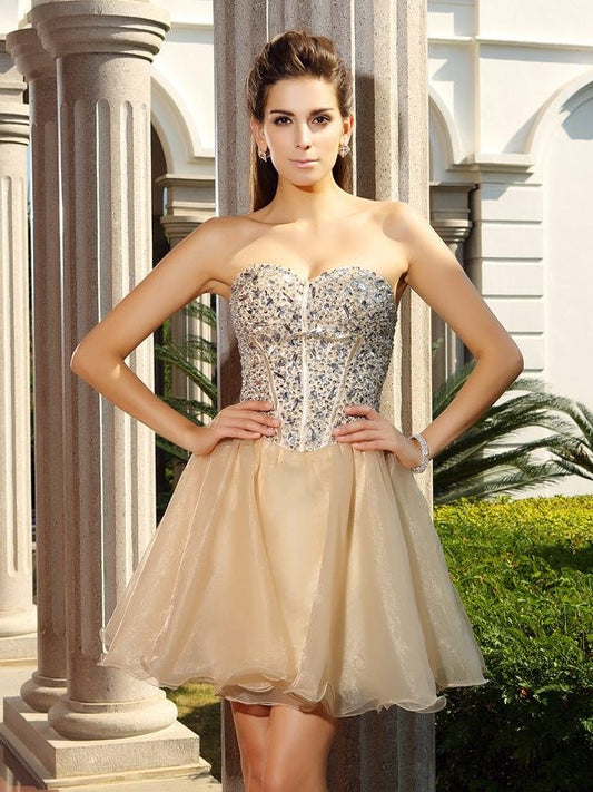A-Line/Princess Sweetheart Ruffles Sleeveless Cocktail Rosie Homecoming Dresses Short Organza Dresses
