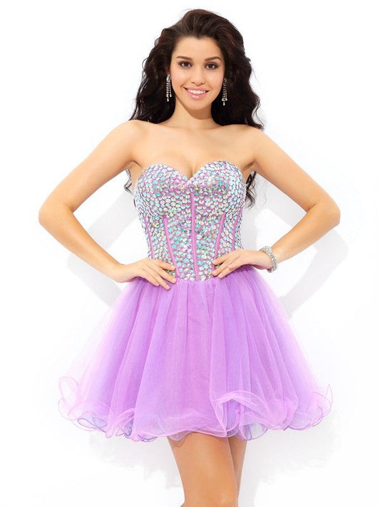 A-Line/Princess Sweetheart Paillette Sleeveless Short Net Dresses Dania Cocktail Homecoming Dresses