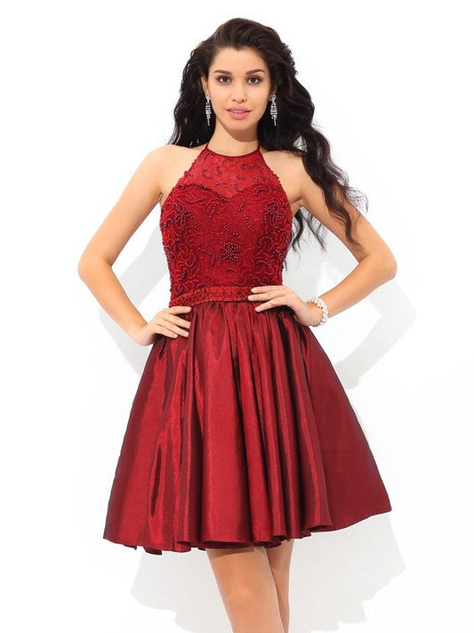 A-Line/Princess Halter Beading Sleeveless Short Taffeta Dresses Madilynn Cocktail Homecoming Dresses