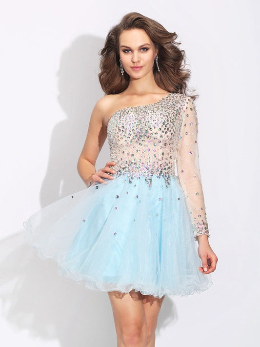 A-Line/Princess Satin Meadow Homecoming Dresses One-Shoulder Beading Long Sleeves Short Elastic Woven Dresses
