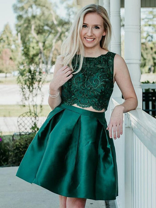 Harriet Satin Homecoming Dresses A-Line/Princess Scoop Sleeveless Beading Knee-Length Two Piece Dresses