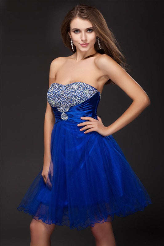 A-Line/Princess Strapless Beading Sleeveless Short Net Elastic Maya Homecoming Dresses Satin Cocktail Woven Dresses