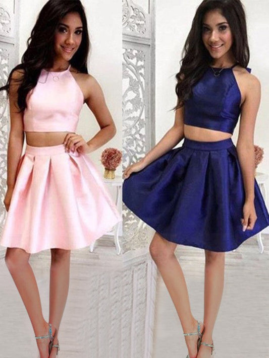 A-Line/Princess Ruffles Halter Sleeveless Satin Tori Homecoming Dresses Short/Mini Two Piece Dresses
