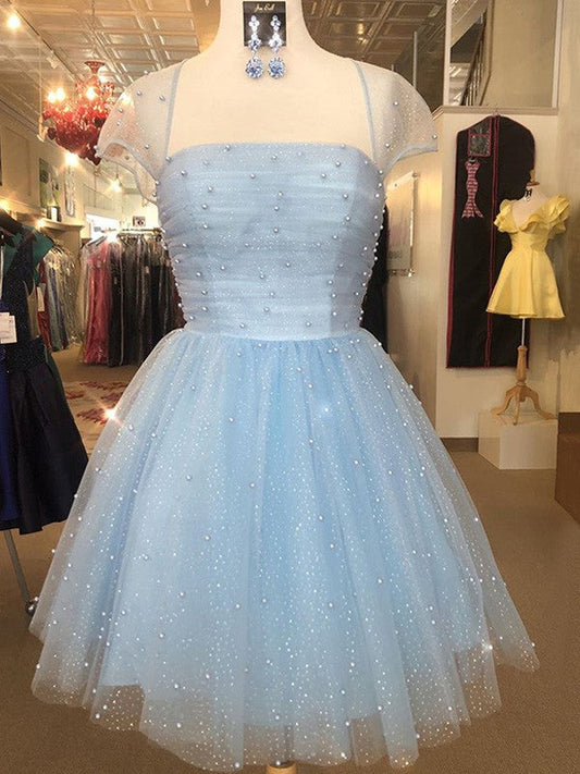 A-Line/Princess Tulle Strapless Short Sleeves Beading Short/Mini Madisyn Homecoming Dresses