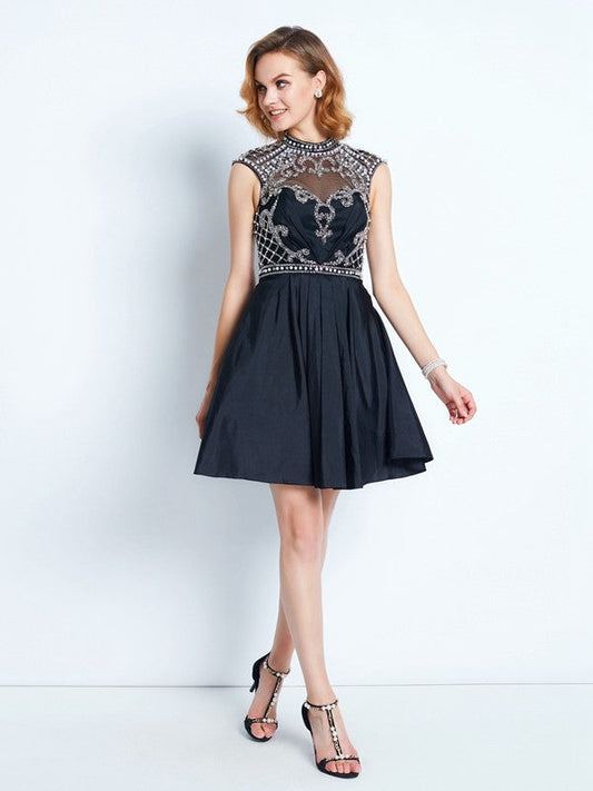 Homecoming Dresses Satin Kaila A-Line/Princess Sleeveless High Neck Beading Short/Mini Dresses