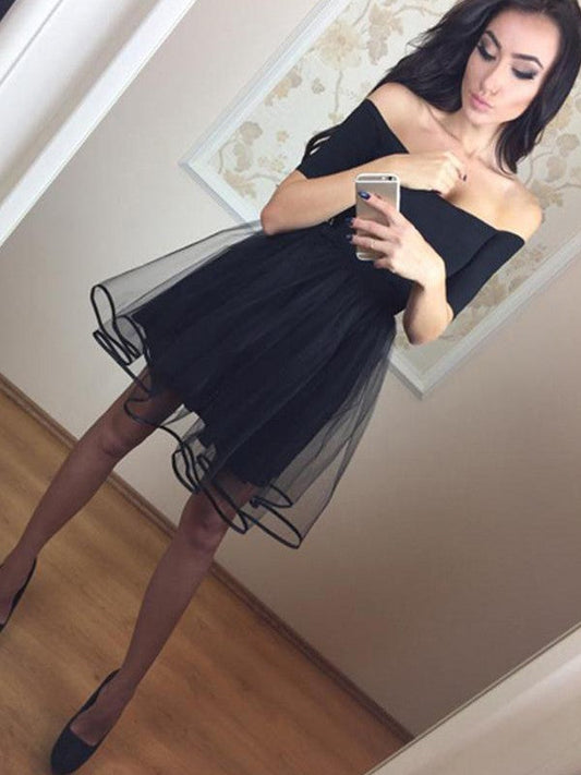 A-Line/Princess Sahna Homecoming Dresses 1/2 Sleeves Off-The-Shoulder Tulle Short/Mini Dresses