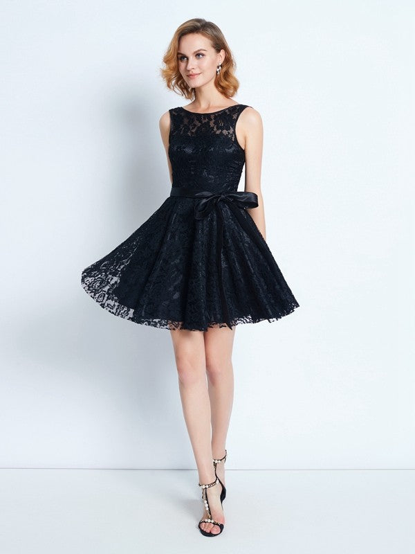 A-Line/Princess Selena Lace Homecoming Dresses Scoop Sleeveless Sash/Ribbon/Belt Short/Mini Dresses