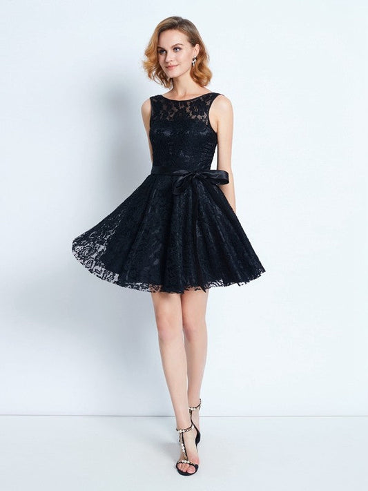 A-Line/Princess Selena Lace Homecoming Dresses Scoop Sleeveless Sash/Ribbon/Belt Short/Mini Dresses