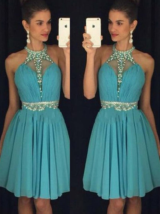 A-Line/Princess Sleeveless Halter Short/Mini Makena Homecoming Dresses Chiffon Beading Dresses