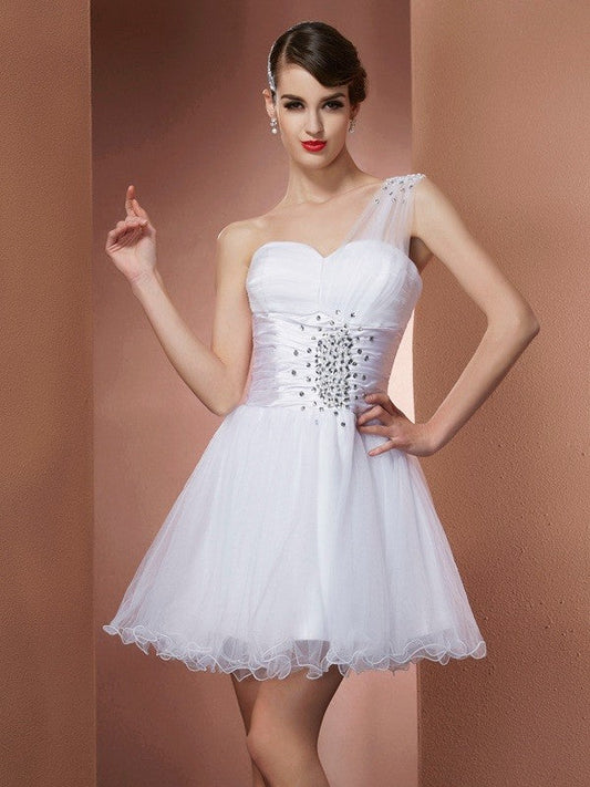 A-Line/Princess One-Shoulder Homecoming Dresses Britney Sleeveless Beading Short Net