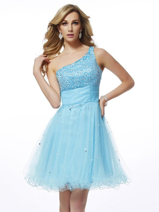 A-Line/Princess One-Shoulder Sleeveless Beading Homecoming Dresses Bailee Short Organza