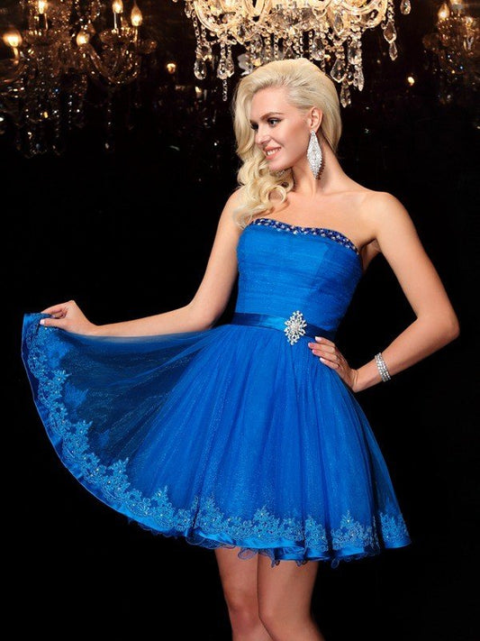 Homecoming Dresses Charlie A-Line/Princess Strapless Beading Sleeveless Short Net Dresses