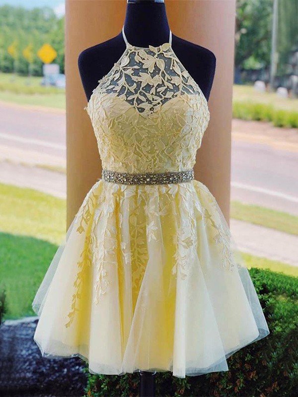 A-Line/Princess Tulle Halter Sleeveless Applique Homecoming Dresses Allyson Short/Mini