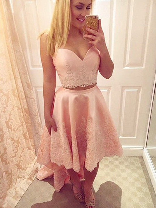 A-Line/Princess Straps Applique Sylvia Homecoming Dresses Satin Asymmetrical Two Piece Dresses