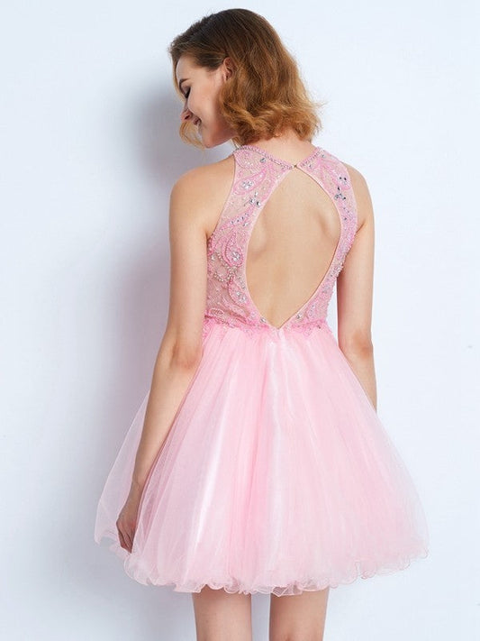 A-Line/Princess Shayla Homecoming Dresses Sleeveless Jewel Short/Mini Net Ruffles Dresses