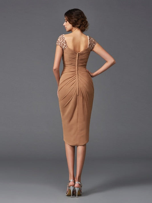 Sheath/Column Sweetheart Applique Homecoming Dresses Cocktail Jaslyn Chiffon Short Sleeves High Low Dresses