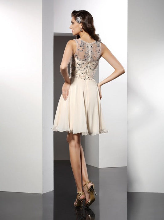 A-Line/Princess Bateau Beading Sleeveless Short Dresses Homecoming Dresses Chiffon Ali Cocktail