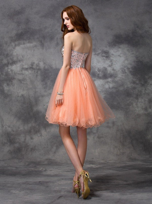 A-Line/Princess Cocktail Homecoming Dresses Amiah Spaghetti Straps Beading Sleeveless Short Net Dresses