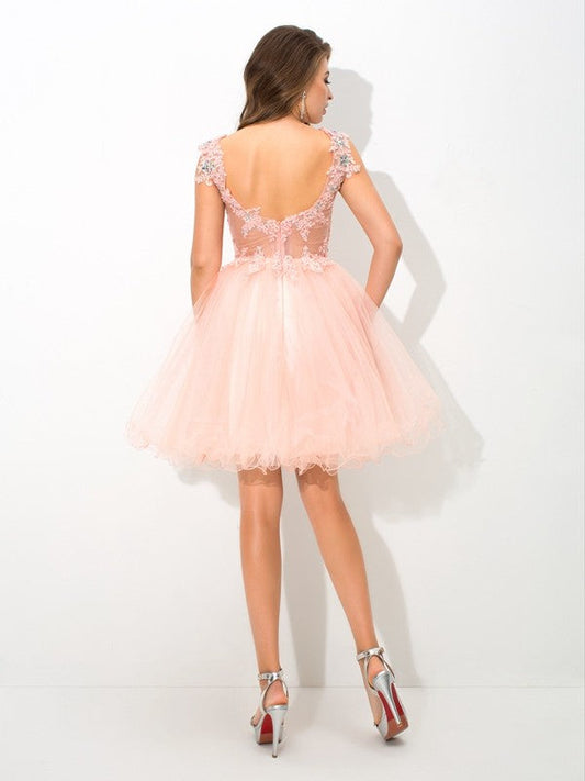 A-Line/Princess Sheer Neck Beading Sleeveless Short Elastic Woven Jazmin Homecoming Dresses Satin Cocktail Dresses