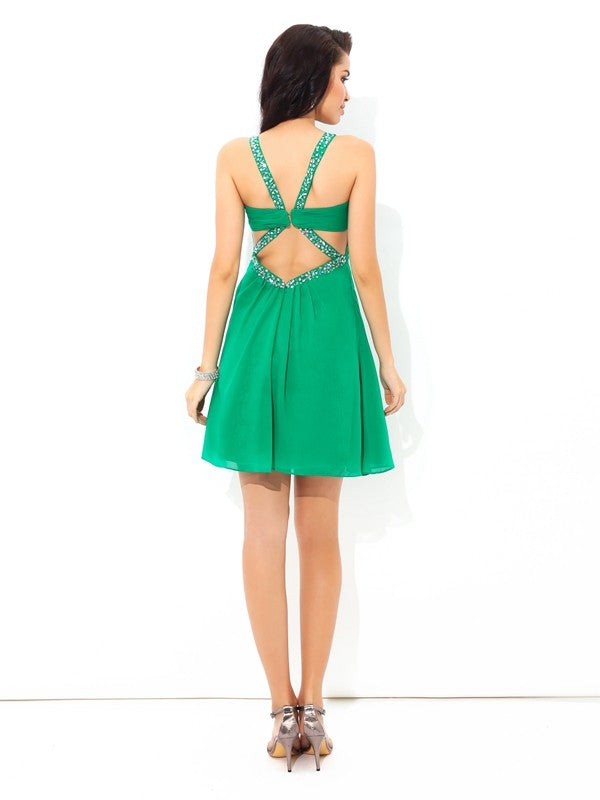 A-Line/Princess Straps Homecoming Dresses Cocktail Chiffon Mignon Pleats Sleeveless Short Dresses