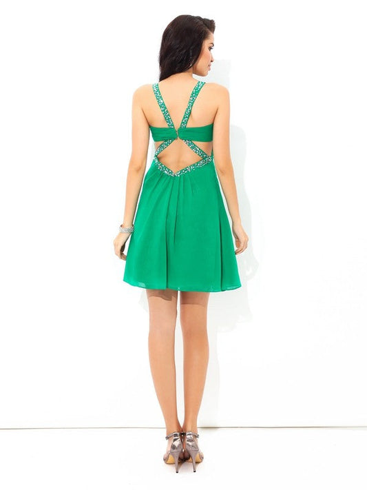 A-Line/Princess Straps Homecoming Dresses Cocktail Chiffon Mignon Pleats Sleeveless Short Dresses