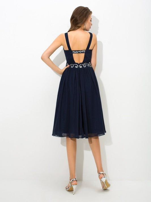 A-Line/Princess Straps Cocktail Caitlin Homecoming Dresses Chiffon Beading Sleeveless Short Dresses
