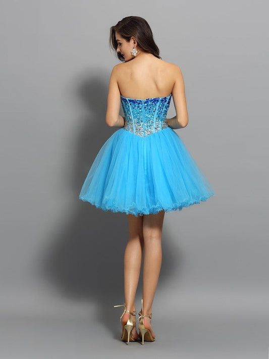 A-Line/Princess Sweetheart Ruffles Homecoming Dresses Satin Esther Cocktail Sleeveless Short Dresses