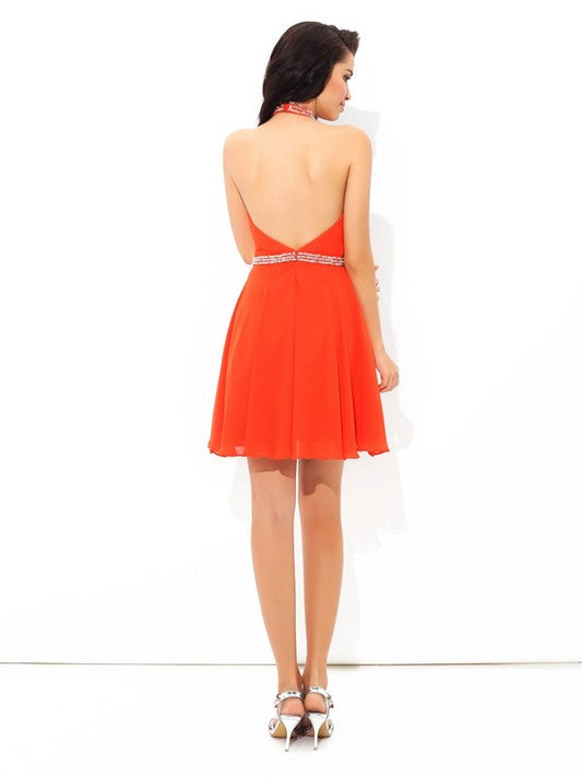 A-Line/Princess Beading Halter Cocktail Homecoming Dresses Chiffon Zaria Sleeveless Short Dresses