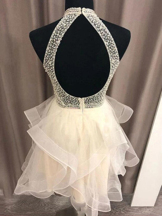 A-Line/Princess Organza Beading Halter Sleeveless Short/Mini Poll Homecoming Dresses