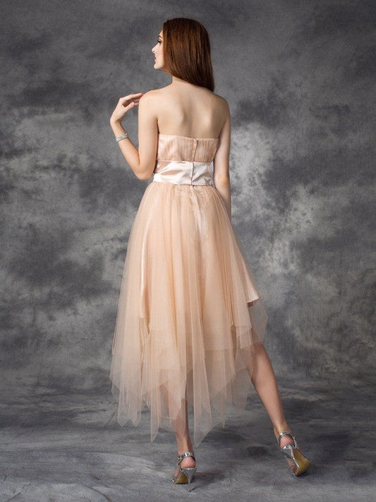 A-Line/Princess Strapless Bowknot Sleeveless Homecoming Dresses Satin Miriam Long Elastic Woven Dresses