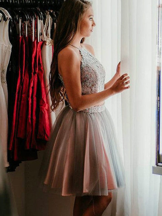 A-Line/Princess Applique Halter Tulle Sleeveless Kiersten Homecoming Dresses Short/Mini Two Piece Dresses