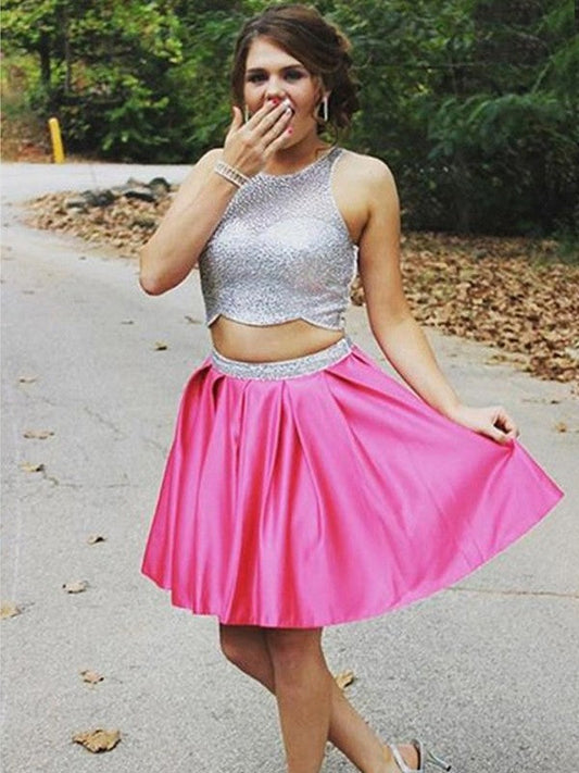 A-Line/Princess Sleeveless Scoop Satin Homecoming Dresses Melinda Beading Short/Mini Two Piece Dresses