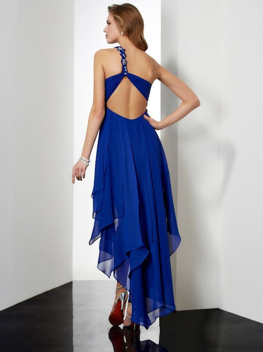 A-Line/Princess One-Shoulder Sleeveless Beading High Low Chiffon Homecoming Dresses Prudence Dresses