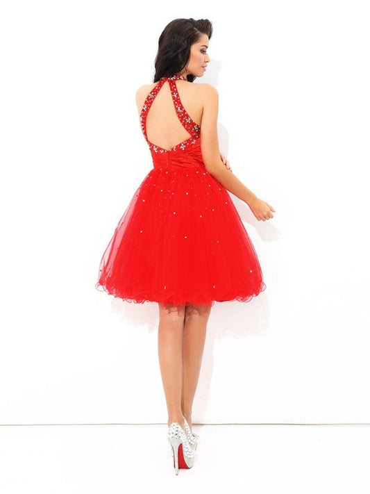 A-Line/Princess High Neck Beading Sleeveless Short Net Dresses Cocktail Homecoming Dresses Hilary