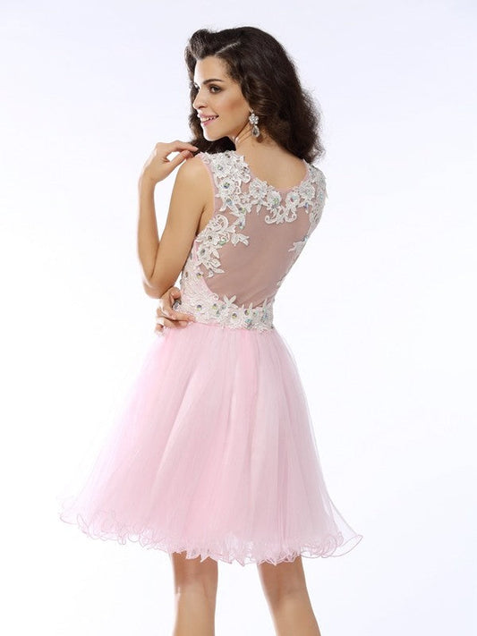 A-Line/Princess Sweetheart Applique Sleeveless Short Satin Homecoming Dresses Dalia Cocktail Dresses