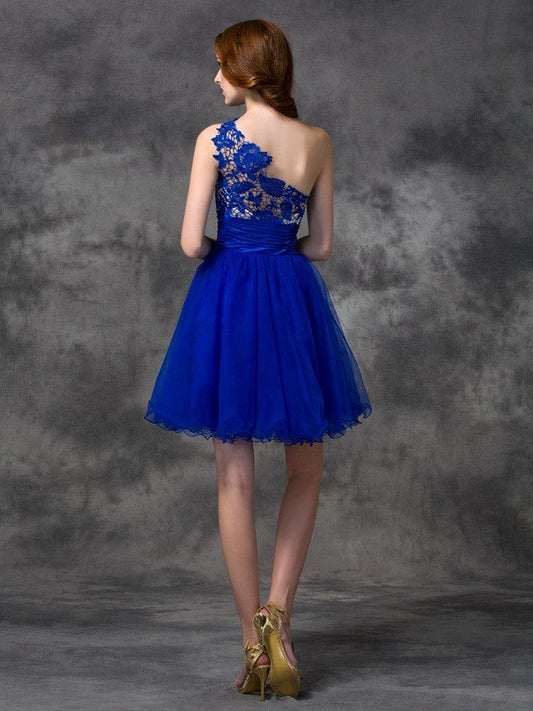 A-Line/Princess One-Shoulder Homecoming Dresses Lace Natalya Satin Sleeveless Short Dresses