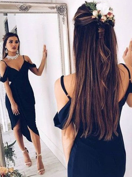 Sheath/Column Spaghetti Straps Short Homecoming Dresses Lindsey Sleeves Spandex Asymmetrical Dresses