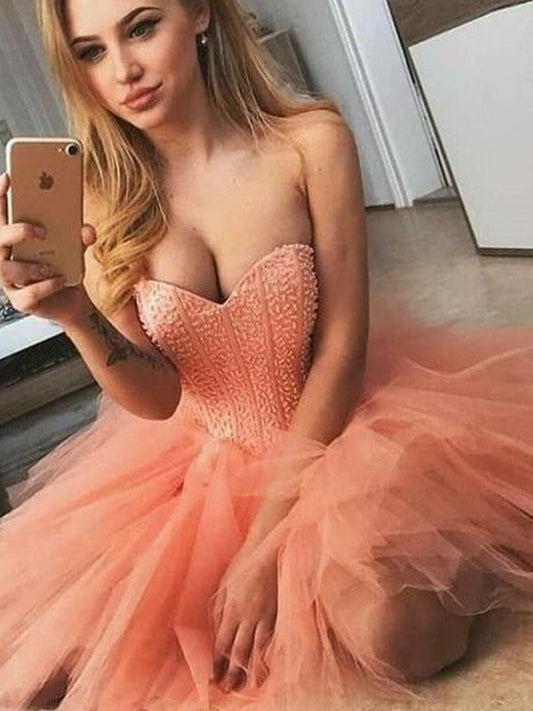 A-Line/Princess Tulle Beading Carla Homecoming Dresses Sweetheart Sleeveless Short/Mini