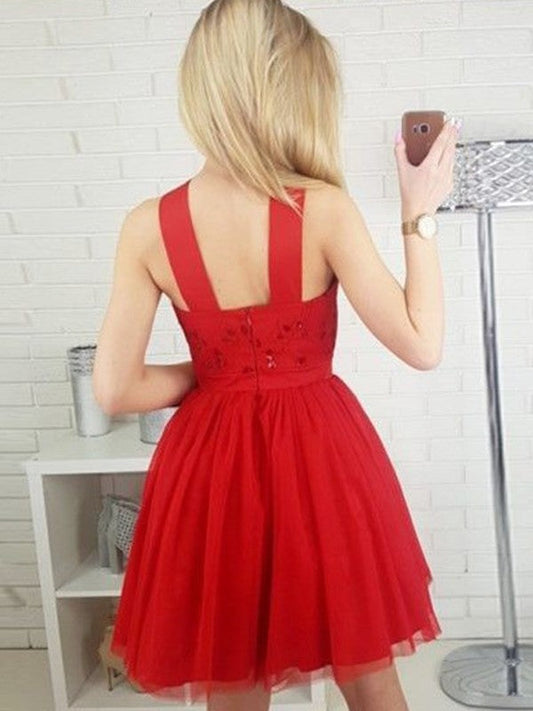 A-Line/Princess Tulle Paillette Halter Sleeveless Homecoming Dresses Sage Short/Mini