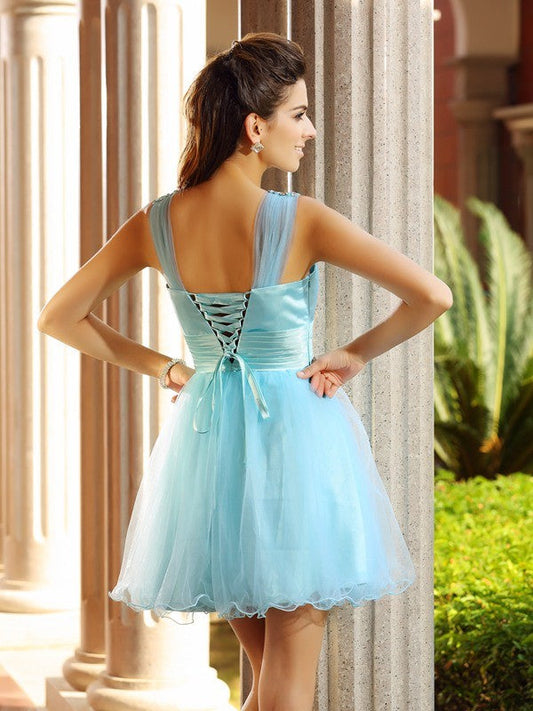A-Line/Princess V-Neck Pleats Sleeveless Short Net Dresses Cocktail Homecoming Dresses Audrey