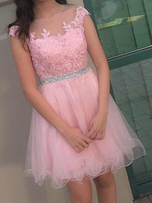 A-Line/Princess Sleeveless Bateau Tulle Beading Applique Short/Mini Dresses Riya Homecoming Dresses
