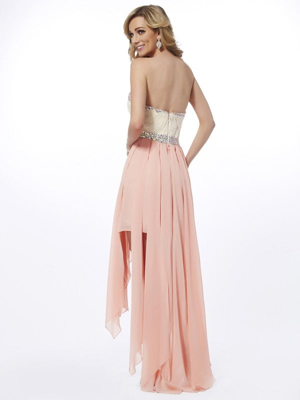 A-Line/Princess Sweetheart Sleeveless Beading High Low Homecoming Dresses Kitty Chiffon Dresses