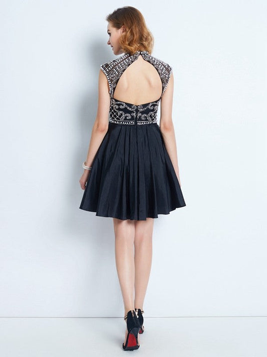 Homecoming Dresses Satin Kaila A-Line/Princess Sleeveless High Neck Beading Short/Mini Dresses