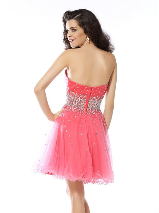 A-Line/Princess Sweetheart Beading Sleeveless Short Organza Dresses Ruby Homecoming Dresses Cocktail