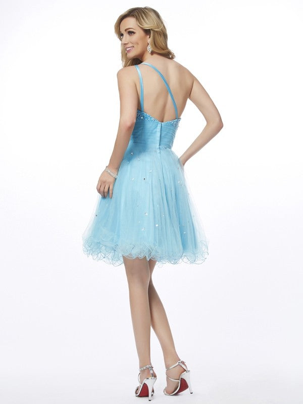 A-Line/Princess One-Shoulder Sleeveless Beading Homecoming Dresses Bailee Short Organza