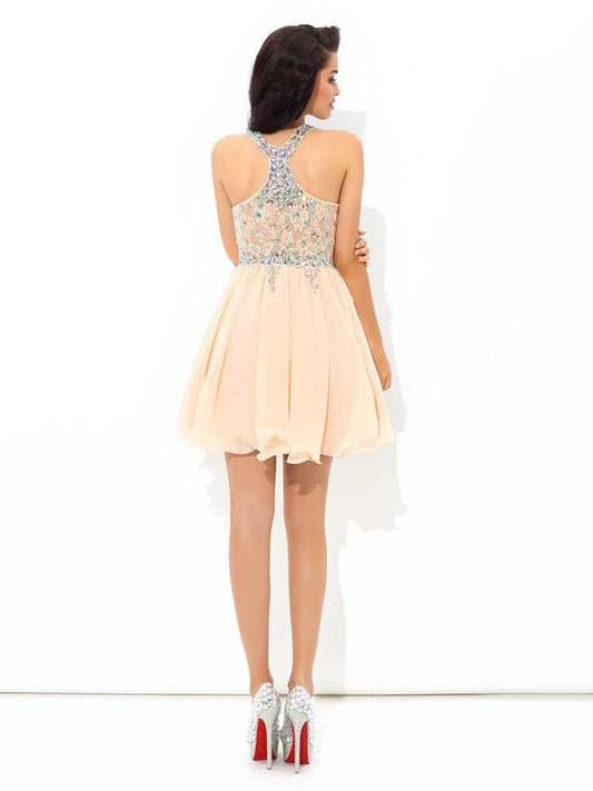 A-Line/Princess Straps Rhinestone Cecilia Chiffon Homecoming Dresses Cocktail Sleeveless Short Dresses